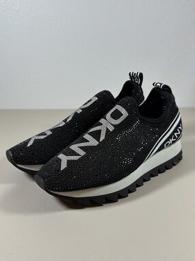 DKNY Black Knit Slip-On Sneakers with Silver Logo